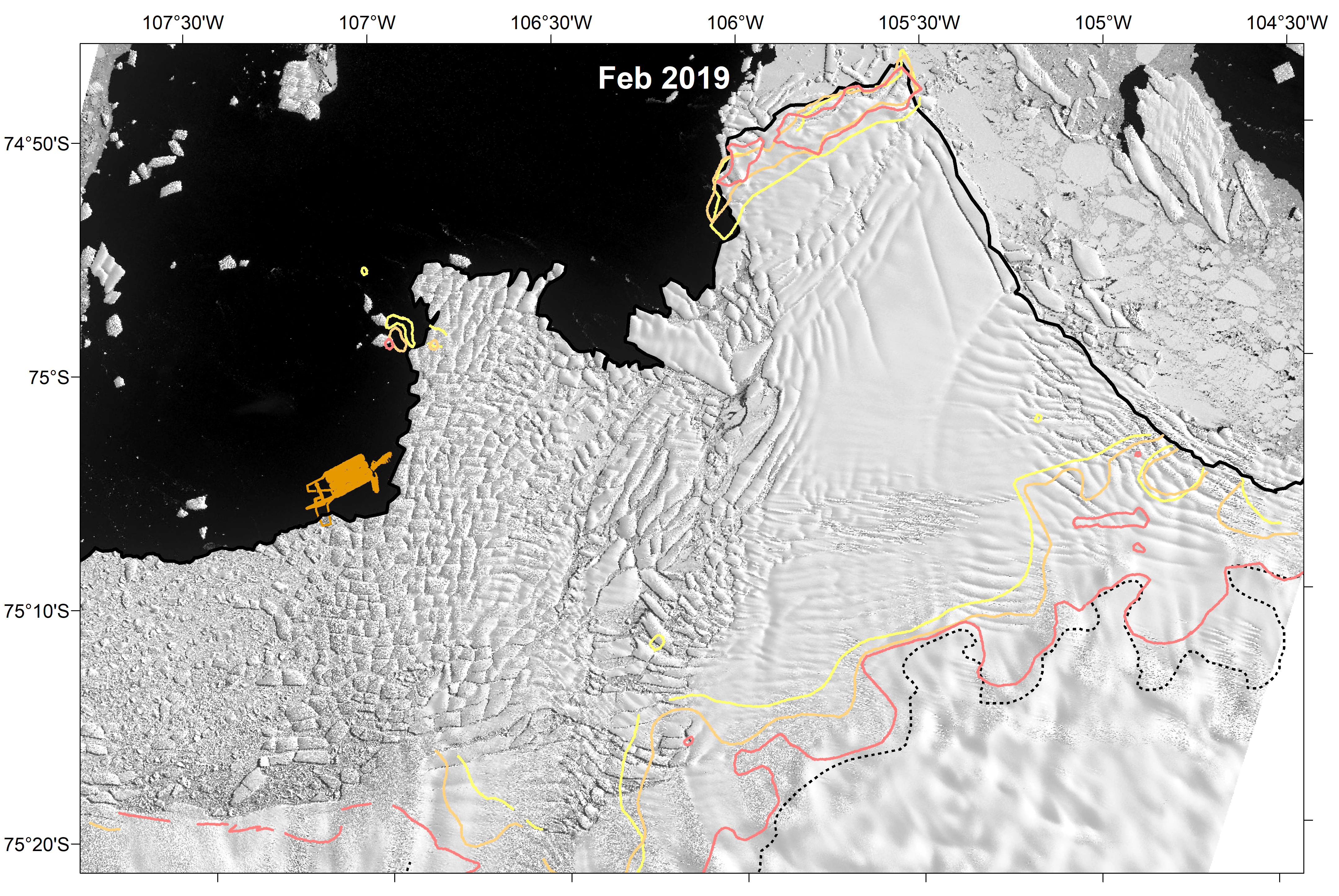 map of trhwaites glacier shown in landsat 8 satellite imagery