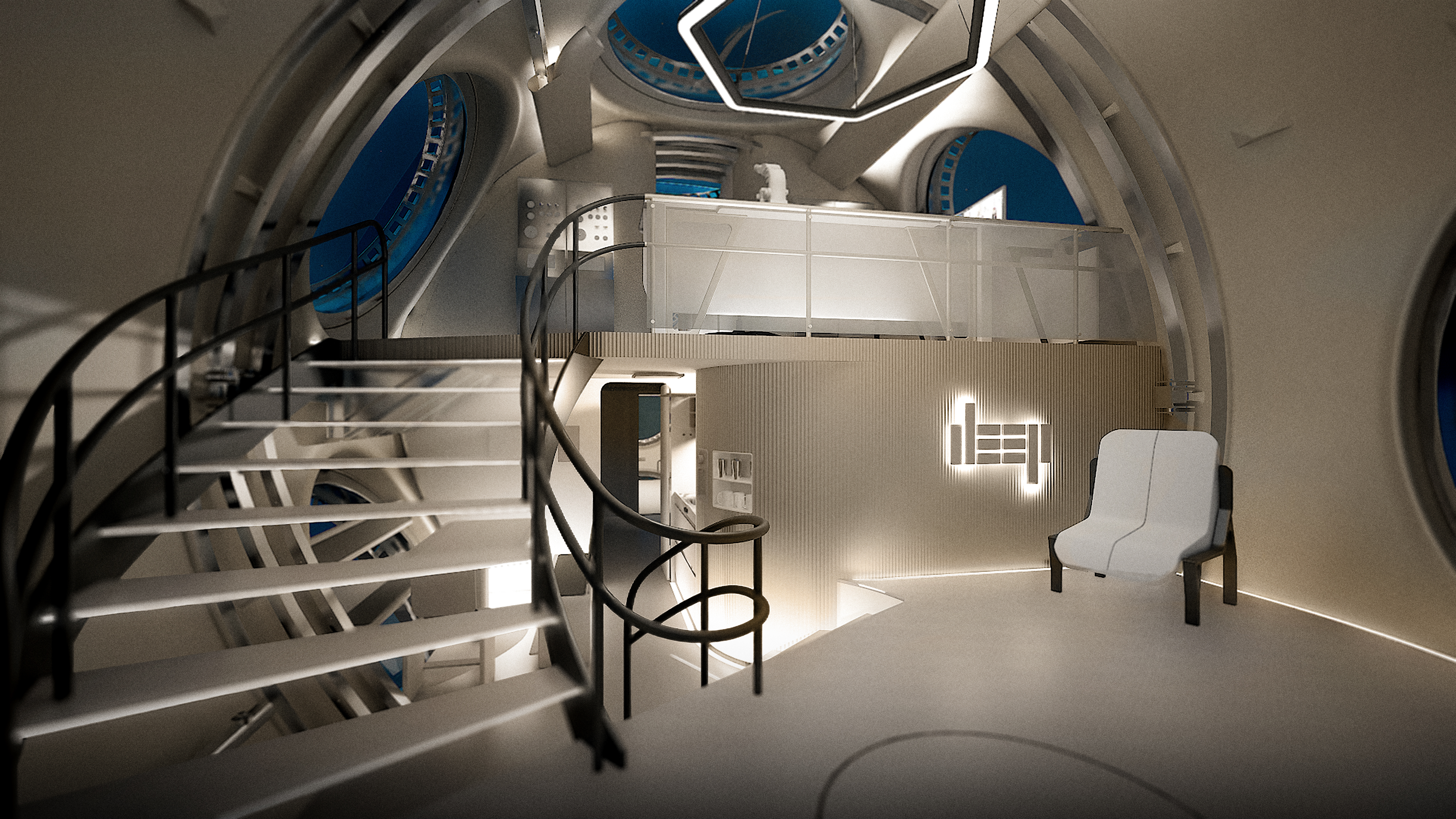 Image shows an artist's impression of The Great Hall within a typical configuration of DEEP's Sentinel System. The space is flexible and configurable for different mission types, affording personal, collaborative and specialist task spaces. 