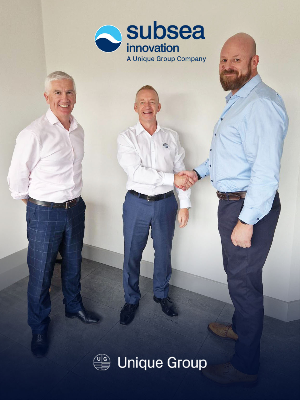 From left to right Alasdair MacDonald CEO of Tekmar Group Martin Charles COO of Unique Group shake hands with Dave Thompson Managing Director of Subsea Innovation after the acquisition