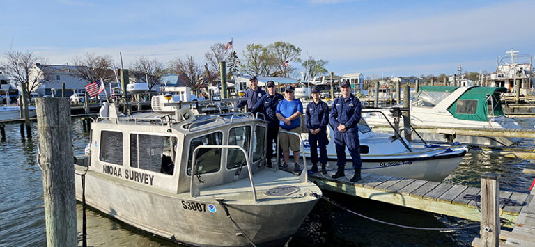 From left to right, Michael Bloom (Physical Science Technician, Navigation Response Team - New London), LT Patrick Debroisse (Ops Officer, NOAA Ship Ferdinand R. Hassler), Rob Mowery (Physical Science Technician, R/V Bay Hydro II), LTJG Carly Robbins (OIC, R/V Bay Hydro II), LTJG Mark Meadows (OIC, Navigation Response Team - New London).  Not pictured, but also on scene for the response:  LCDR (ret) Ryan Wartick (NOAA Mid-Atlantic Navigation Manager)